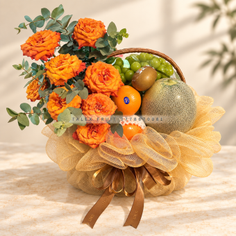 GIỎ QUÀ TRÁI CÂY TONE VÀNG NÂU mix Hoa 